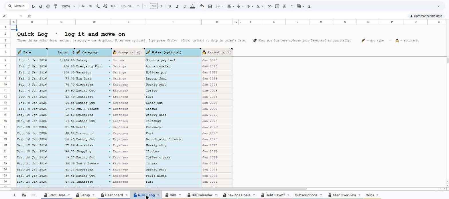 Quick Log tab of the ADHD Budget Planner in Google Sheets